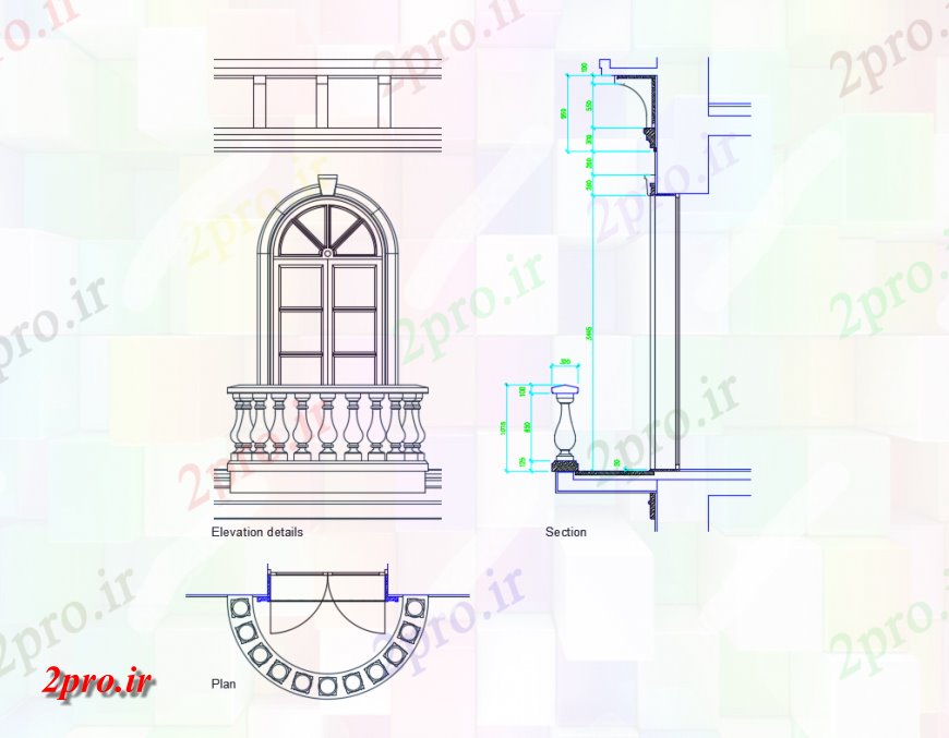 دانلود نقشه جزئیات طراحی در و پنجره  طراحی پنجره  با نما بالکن، طرحی و بخش جزئیات (کد148701)