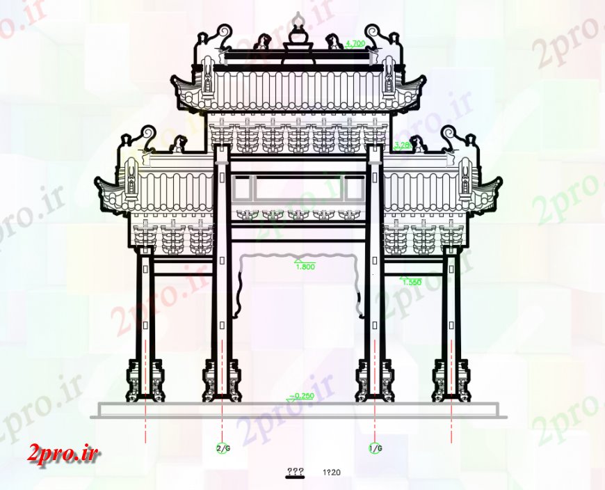 دانلود نقشه کلیسا - معبد - مکان مذهبی قوس چینی جلوی معبد   نما طراحی جزئیات (کد149003)