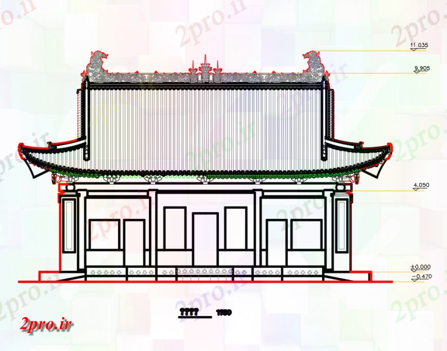 دانلود نقشه کلیسا - معبد - مکان مذهبی دادگاه معبد چینی مقابل نما طراحی جزئیات (کد149004)