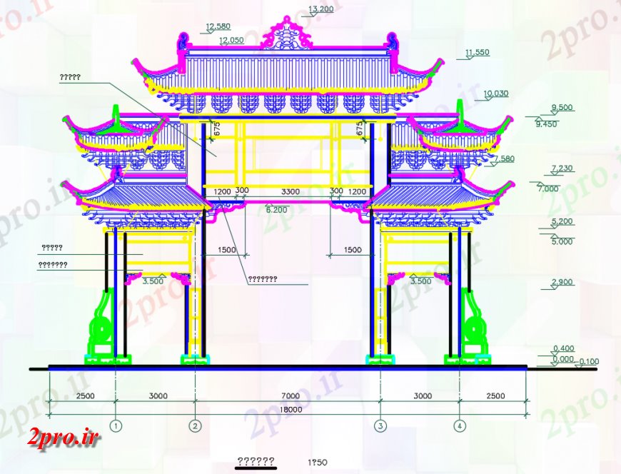 دانلود نقشه کلیسا - معبد - مکان مذهبی سنتی چینی نما جلو گذرگاه طاقدار معبد جزئیات (کد149008)
