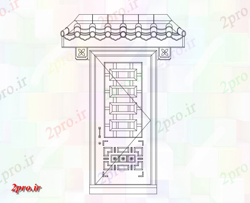 دانلود نقشه جزئیات طراحی در و پنجره  چینی خلاق مقابل درب  نما  (کد149012)