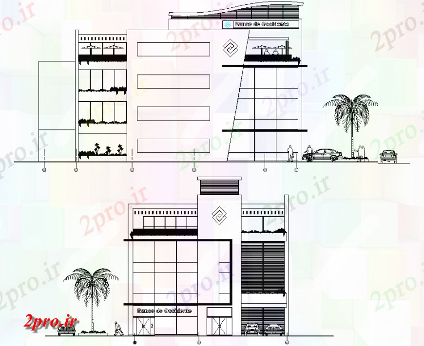 دانلود نقشه ساختمان اداری - تجاری - صنعتی دفتر بانک ساخت و ساز نما جزئیات (کد149019)