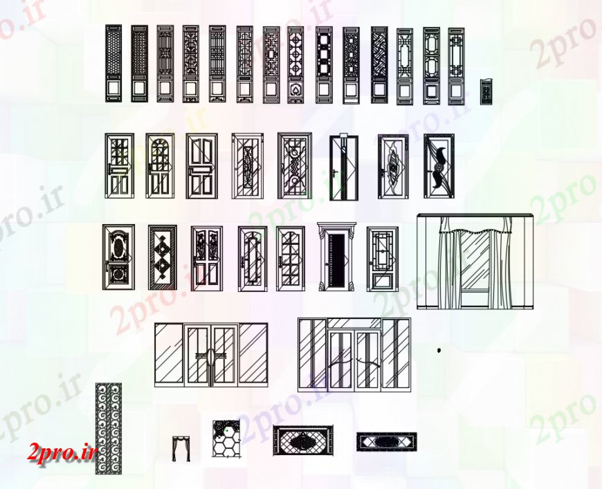 دانلود نقشه جزئیات طراحی در و پنجره  چینی به سبک های مختلف نماات درب  بلوک جزئیات  (کد149020)