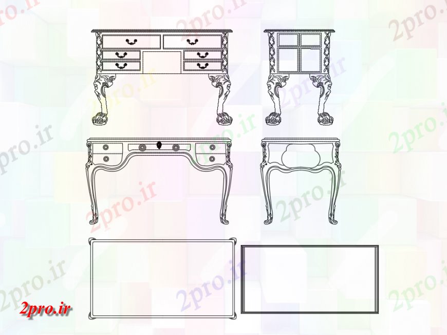 دانلود نقشه بلوک مبلمان میز سبک نوشتن اروپا با بلوک کابینه  جزئیات (کد149146)