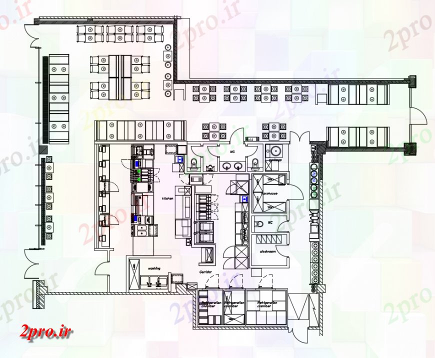 دانلود نقشه هتل - رستوران - اقامتگاه رستوران فست فود بالای صفحه طراحی های 19 در 23 متر (کد149169)