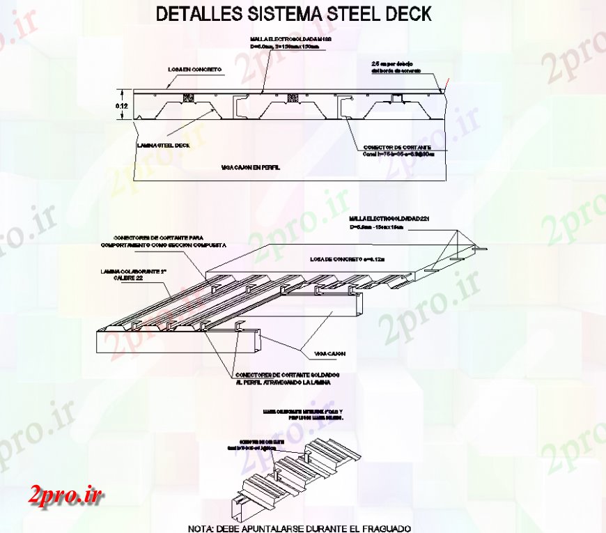 دانلود نقشه طراحی اتوکد پایه جزئیات دال در عرشه فولاد نمای ایزومتریک (کد149214)
