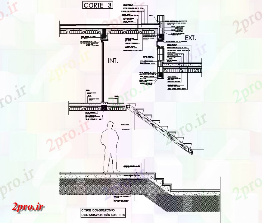 دانلود نقشه طراحی جزئیات تقویت کننده پله به بخش دیوار  طراحی (کد149638)