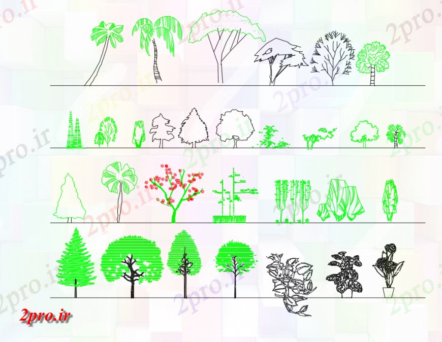 دانلود نقشه درختان و گیاهان باغ  درختان و گیاهان نما بلوک  جزئیات (کد149744)