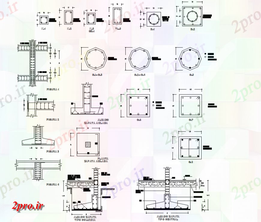 دانلود نقشه طراحی اتوکد پایه بنیاد و بخش ستون  طرحی جزئیات (کد149853)