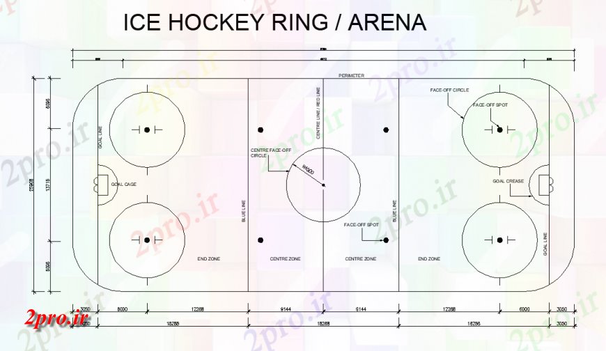 دانلود نقشه ورزشگاه ، سالن ورزش ، باشگاه یخ بازی هاکی روی جزئیات زمین نما دو بعدی و 25 در 60 متر (کد150222)