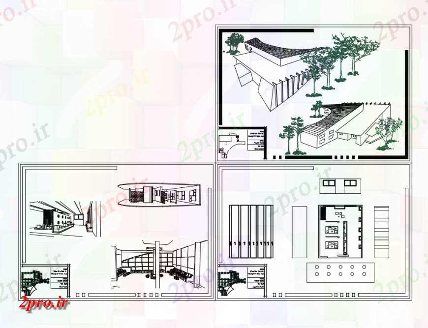 دانلود نقشه ساختمان دولتی ، سازمانی چند گالری هنری دولت کفپوش ایزومتریک تمام سطوح طرفه با طرحی های طراحی 45 در 52 متر (کد150333)