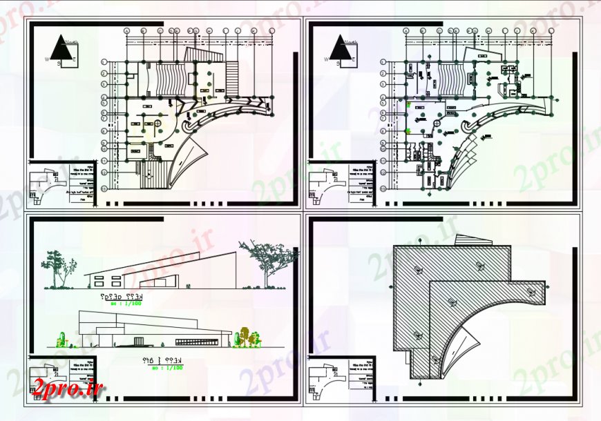 دانلود نقشه ساختمان دولتی ، سازمانی مقابل گالری هنر و نما تماس با طراحی طبقه جزئیات 45 در 52 متر (کد150336)