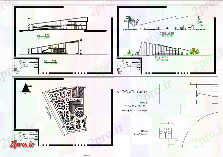 دانلود نقشه ساختمان دولتی ، سازمانی جلو و عقب نماات و جزئیات بخش از گالری هنر با طراحی 45 در 52 متر (کد150339)