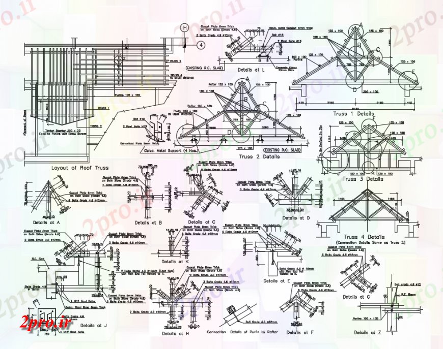 دانلود نقشه طراحی جزئیات ساختار طرحی از سقف خرپا را با اطلاعات مقطعی سازنده  (کد150434)