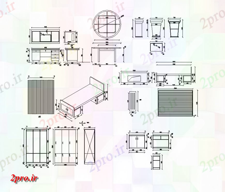 دانلود نقشه طراحی مبلمان اداری - تجاریمجموعه ای از مبلمان دفتر نما نقشه های  دو بعدی  جزئیات   (کد150561)