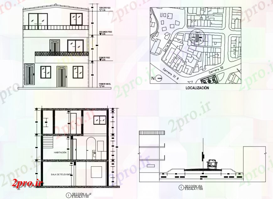 دانلود نقشه مسکونی ، ویلایی ، آپارتمان سه سطح خانه نما، بخش و طرحی سایت 6 در 11 متر (کد150801)