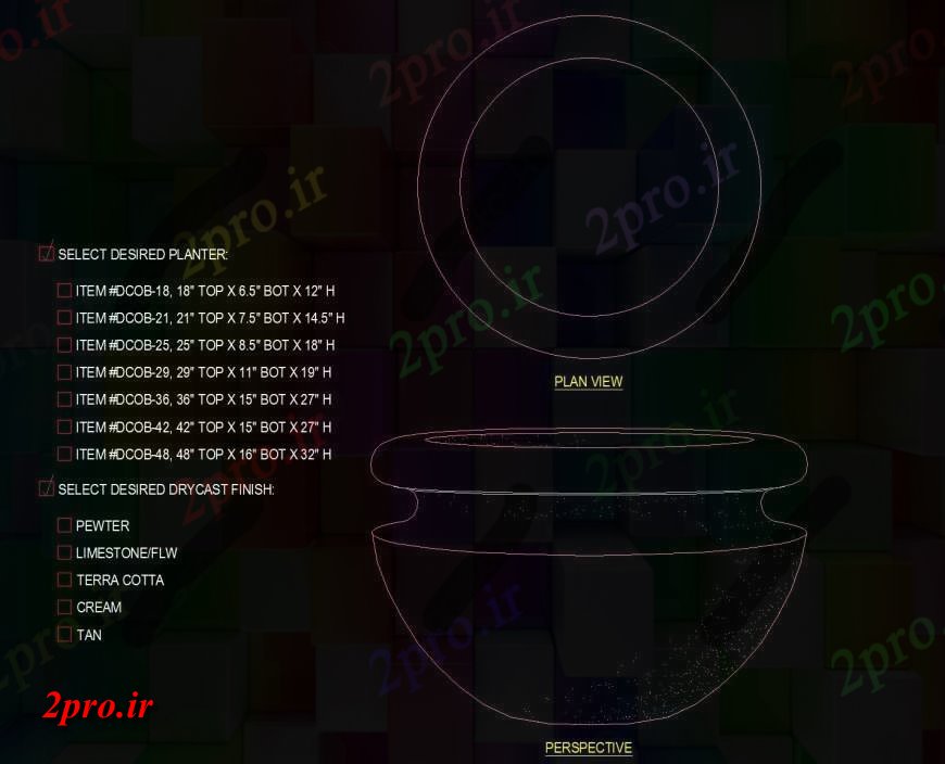 دانلود نقشه بلوک مبلمان گرد طراحی گلدان شکل  (کد151003)