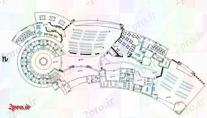 دانلود نقشه ساختمان اداری - تجاری - صنعتی قوس تجاری ساختمان شکل 40 در 89 متر (کد151278)