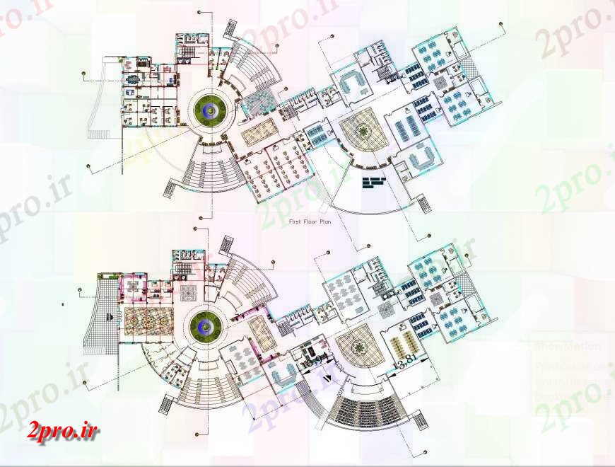 دانلود نقشه ساختمان اداری - تجاری - صنعتی نیمه تجاری شکل گرد طرحی ساختمان (کد151329)