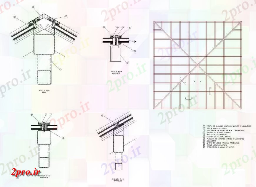 دانلود نقشه طراحی جزئیات تقویت کننده طرحی سقف مربع شکل و بخش  چیدمان (کد151343)