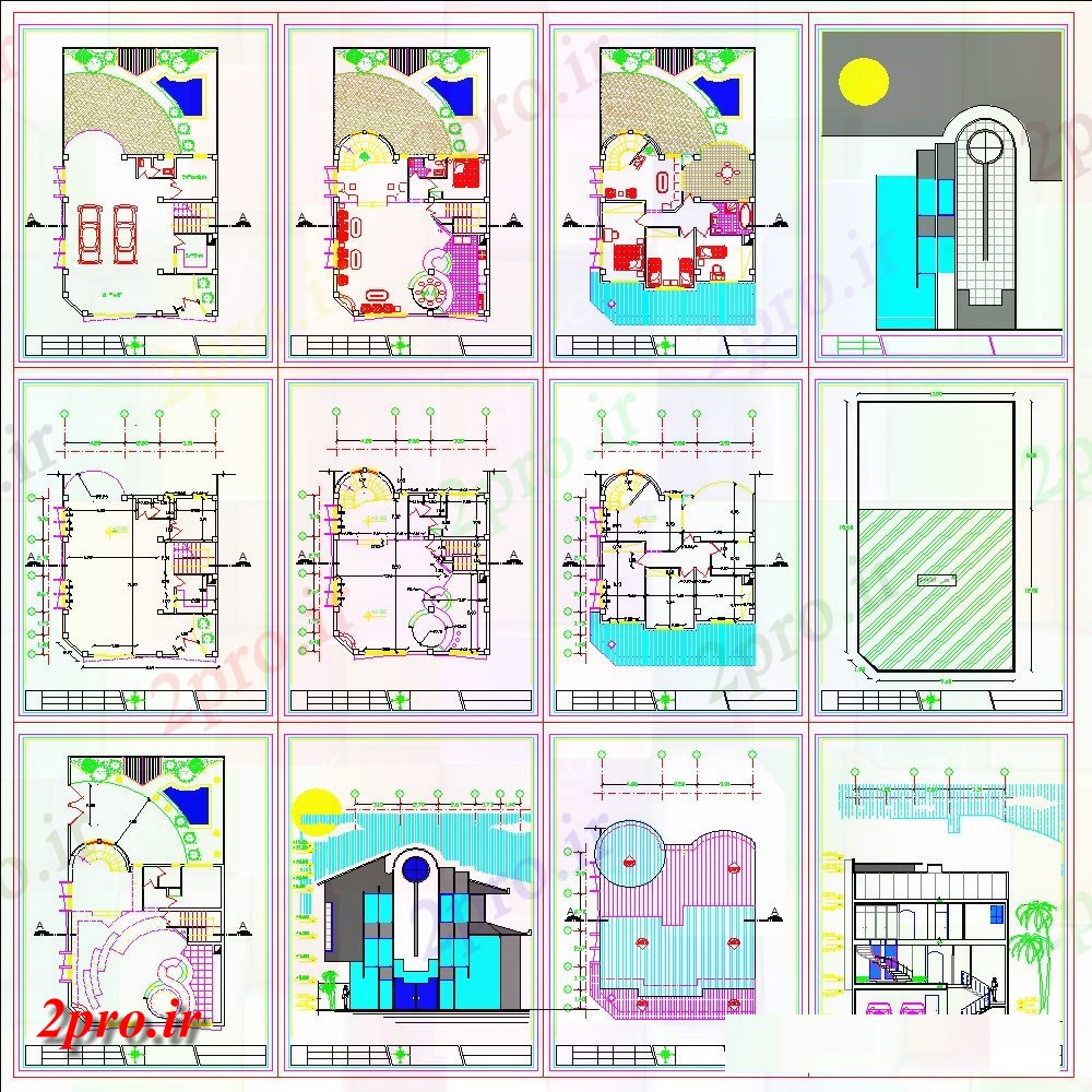 دانلود نقشه مسکونی  ، ویلایی ، آپارتمان  طرحی خانه دوبلکس، نما و بخش  (کد151524)