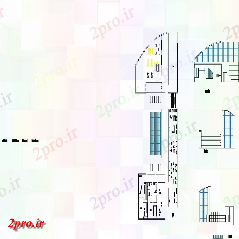 دانلود نقشه ورزشگاه ، سالن ورزش ، باشگاه طرحی مرکز ورزشی، نما و بخش 57 در 69 متر (کد151532)