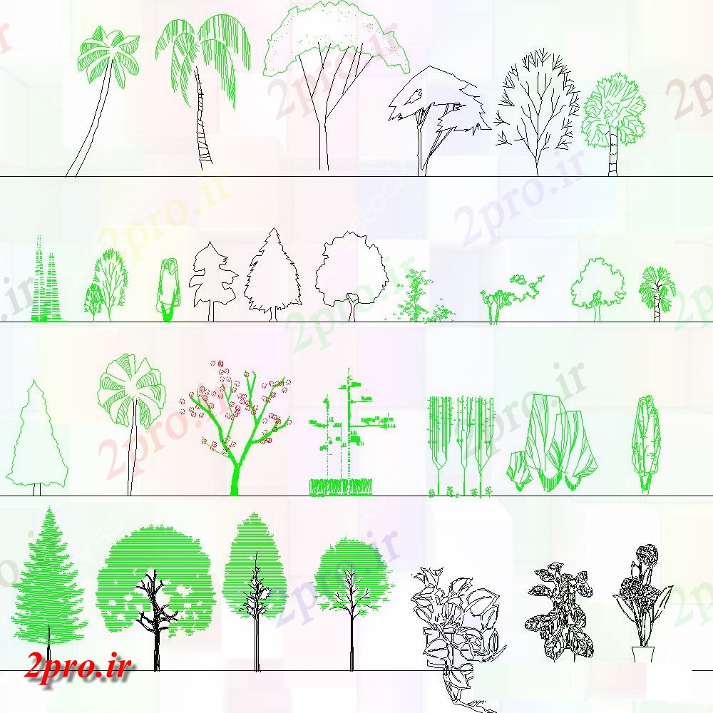 دانلود نقشه درختان و گیاهان باغ  درخت های متعدد و گیاهان  طراحی مسدود (کد154005)