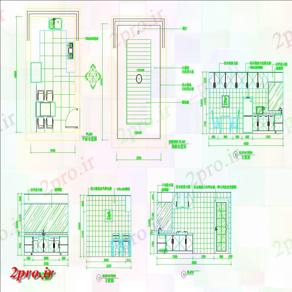 دانلود نقشه آشپزخانه جزئیات آشپزخانه با لوازم خودرو- طراحی (کد154010)