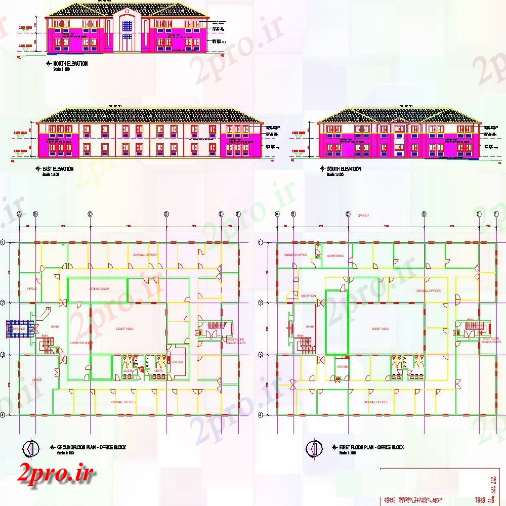 دانلود نقشه ساختمان اداری - تجاری - صنعتی نما دفتر، بخش و طرحی طبقه جزئیات 25 در 99 متر (کد154021)