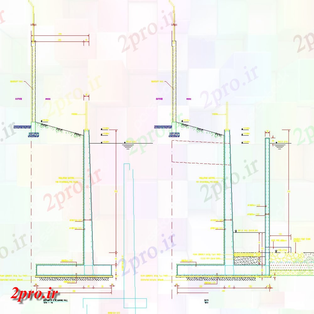 دانلود نقشه طراحی اتوکد پایه دیوار حائل جزئیات (کد154051)