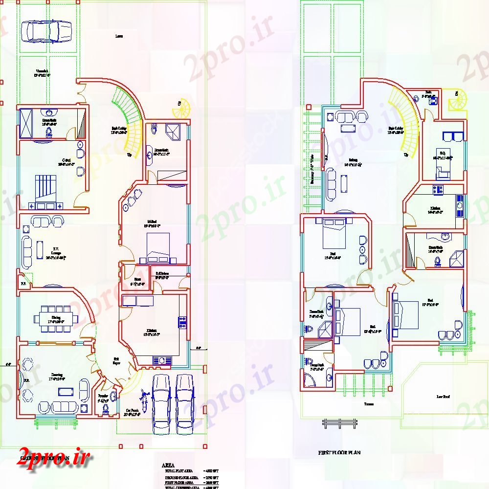 دانلود نقشه مسکونی ، ویلایی ، آپارتمان زمین و اولین جزئیات طرحی طبقه از خانه شهر 12 در 20 متر (کد154077)