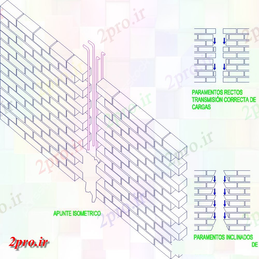 دانلود نقشه  جزئیات دیوار های آجری زنجیره ای عمودی برای اوراق قرضه زاویه دیوار را با نمای ایزومتریک با الگوی آجر (کد154427)