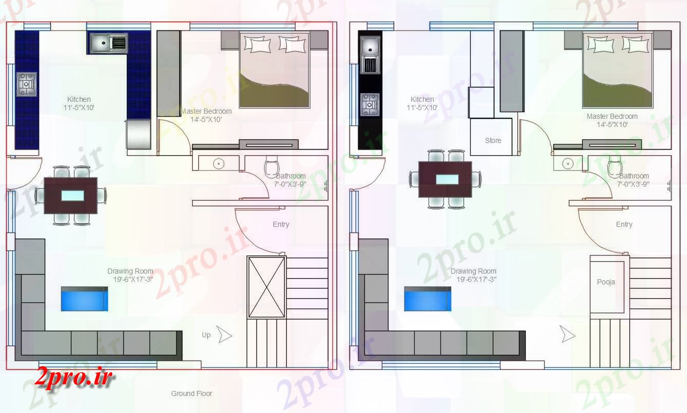 دانلود نقشه خانه های کوچک ، نگهبانی ، سازمانی - BHK طرحی خانه بزرگ با 2 مختلف گزینه اتوکد 8 در 9 متر (کد155021)