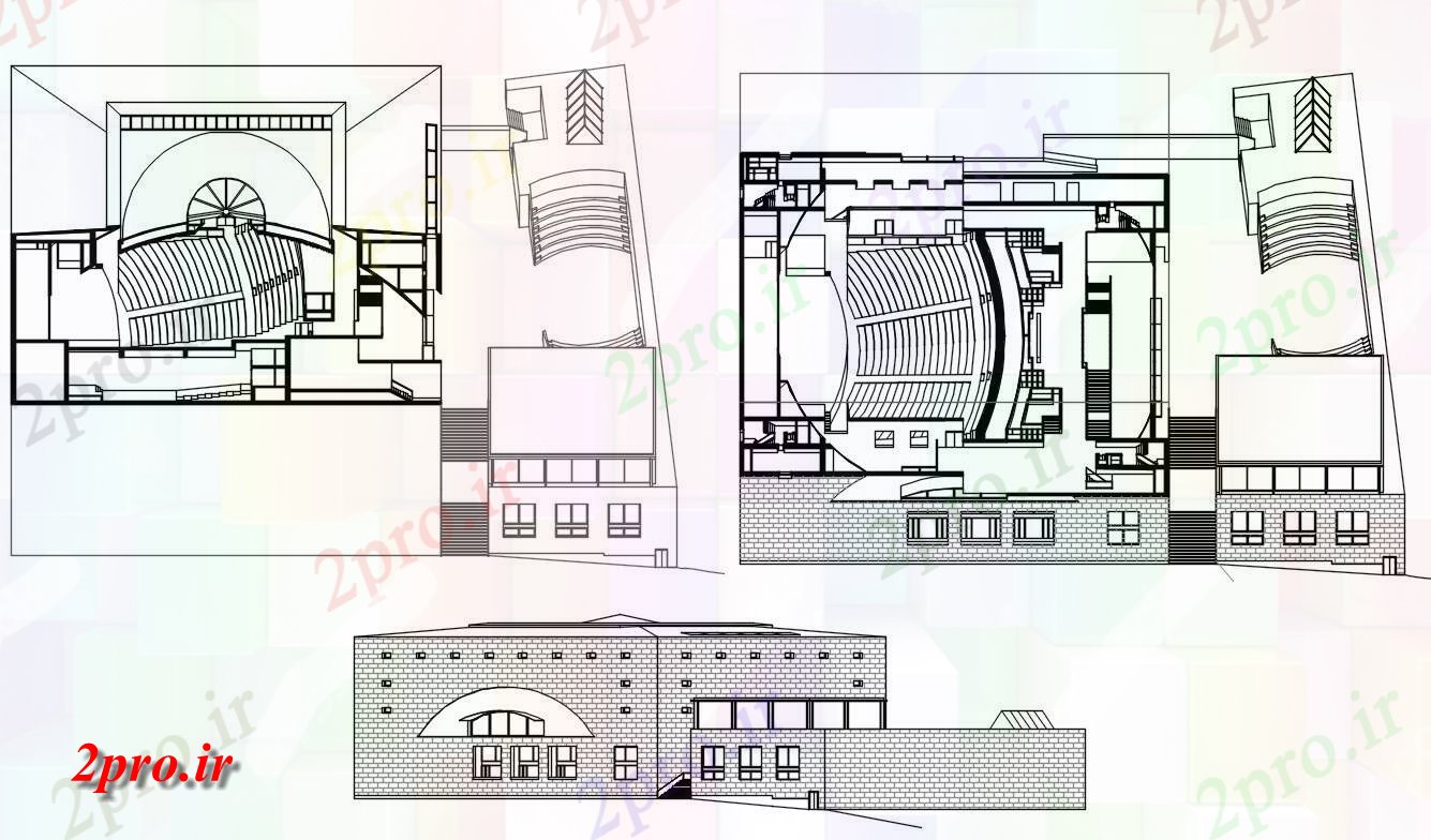 دانلود نقشه تئاتر چند منظوره - سینما - سالن کنفرانس - سالن همایش طراحی از سالن طراحی و نما 31 در 40 متر (کد155024)