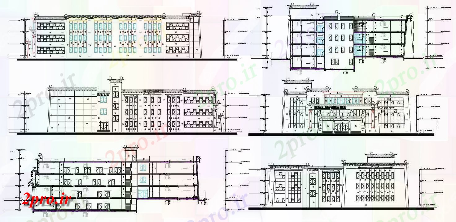 دانلود نقشه ساختمان اداری - تجاری - صنعتی ساختمان دو بعدی   نشیمن مدرن تجاری و نما بخش  (کد155038)