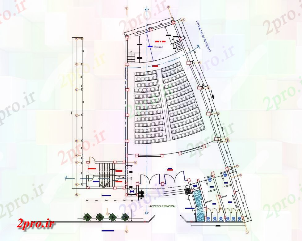 دانلود نقشه تئاتر چند منظوره - سینما - سالن کنفرانس - سالن همایشسالن سالن با صندلی طرحی چیدمان نشیمن 19 در 34 متر (کد155044)