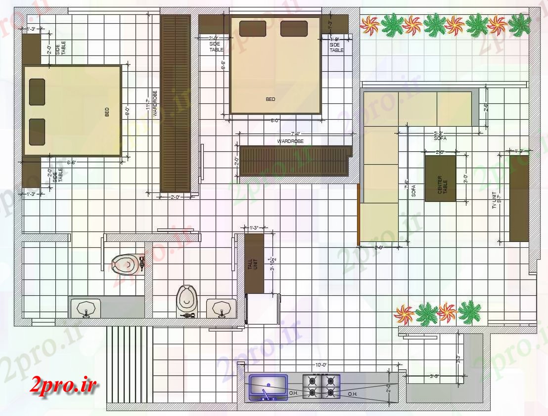 دانلود نقشه مسکونی  ، ویلایی ، آپارتمان  BHK برنامه ریزی طراحی خانه با مبلمان چیدمان  (کد155069)