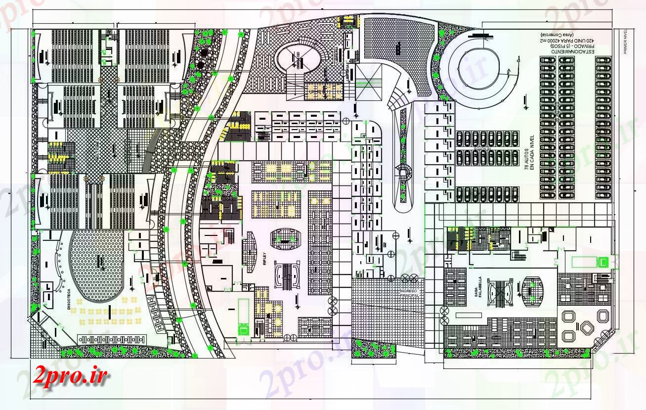 دانلود نقشه هایپر مارکت - مرکز خرید - فروشگاه نشیمن خرید بزرگ بازار طرحی با تئاتر به 104 در 182 متر (کد155096)