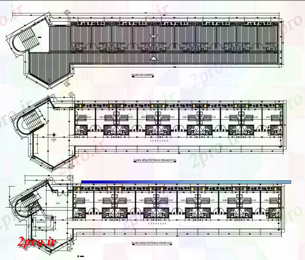 دانلود نقشه هتل - رستوران - اقامتگاه اتوکد طراحی اتاق هتل طرحی طبقه با مبلمان چیدمان 7 در 45 متر (کد155100)