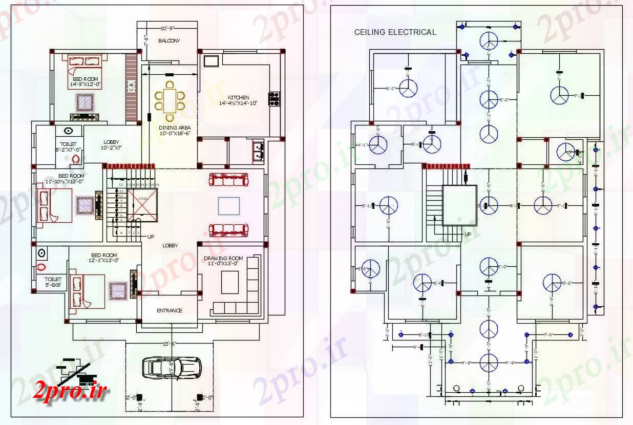 دانلود نقشه خانه های کوچک ، نگهبانی ، سازمانی - معماری 3 BHK ویلایی طبقه همکف طرحی با طرحی برق طرحی 13 در 14 متر (کد155102)