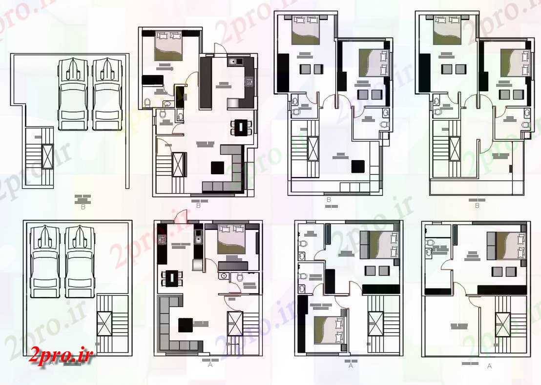 دانلود نقشه خانه های کوچک ، نگهبانی ، سازمانی - BHK لوکس ویلایی مبلمان 8 در 12 متر (کد155103)