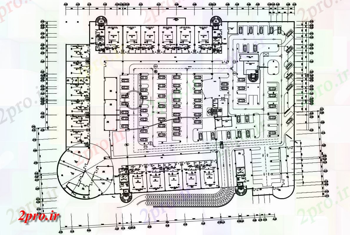 دانلود نقشه ساختمان اداری - تجاری - صنعتی  از طبقه همکف ساختمان تجاری پارکینگ طراحی  نشیمن (کد155114)