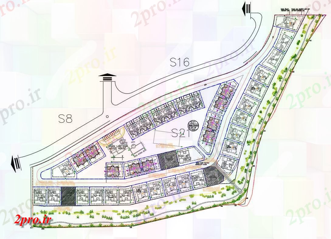 دانلود نقشه خانه های کوچک ، نگهبانی ، سازمانی - طرحی جامع نشیمن فردی و دوقلو ویلایی طرح 270 در 360 متر (کد155121)