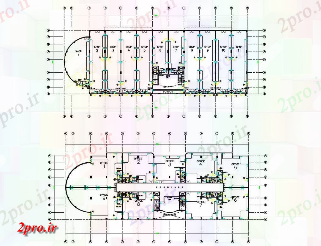 دانلود نقشه ساختمان اداری - تجاری - صنعتی اتوکد از دو تجاری طرحی طبقه با مرکزی 30 در 87 متر (کد155140)