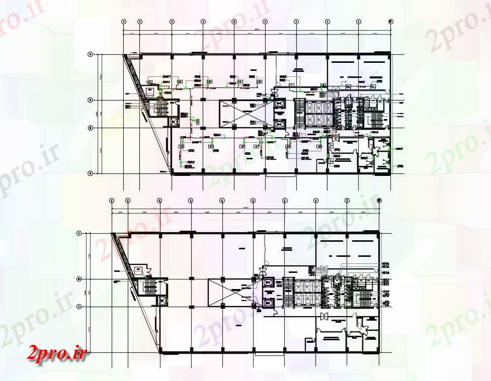 دانلود نقشه ساختمان اداری - تجاری - صنعتی ساختمانتجاری طرحی طبقه با کار 30 در 69 متر (کد155154)