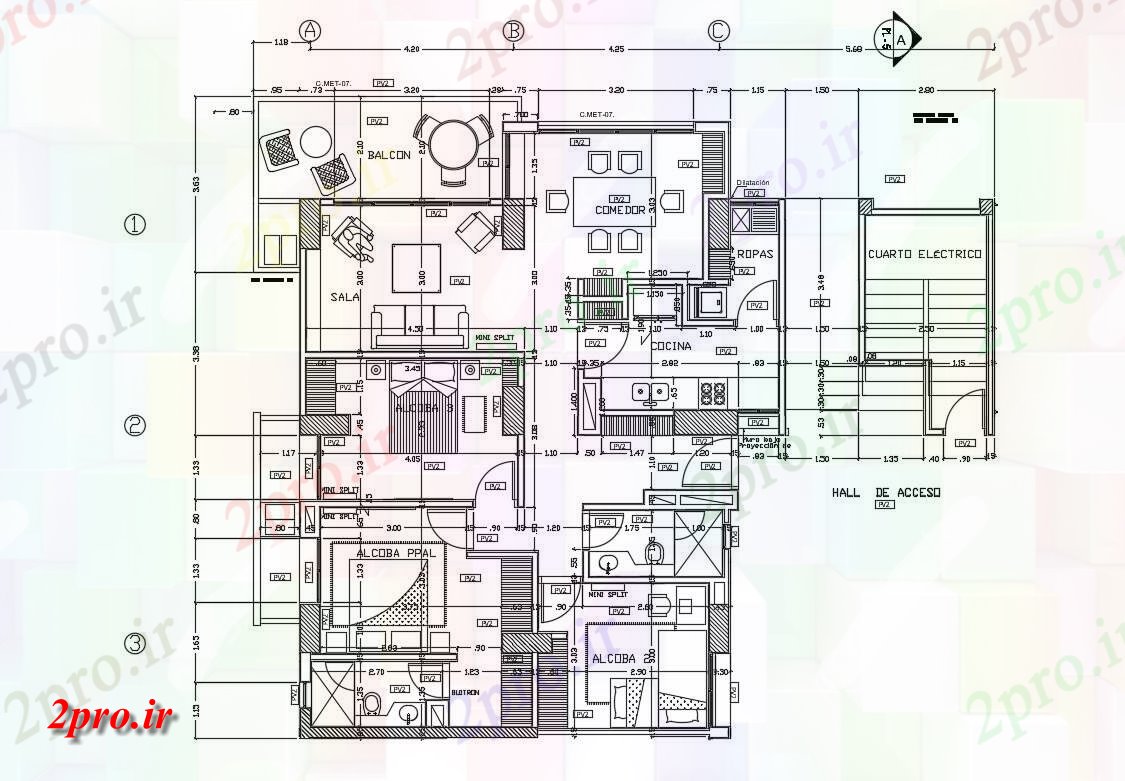 دانلود نقشه مسکونی  ، ویلایی ، آپارتمان  یک طرحی واحد از سه BHK آپارتمان   طراحی با به طور کامل مبله به  (کد155163)