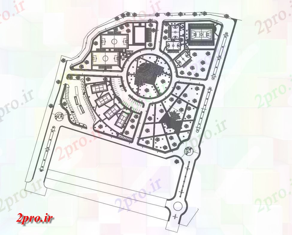 دانلود نقشه ورزشگاه ، سالن ورزش ، باشگاه طرحی جامع دو بعدی طراحی از آکادمی ورزشی با چشم انداز 210 در 211 متر (کد155168)