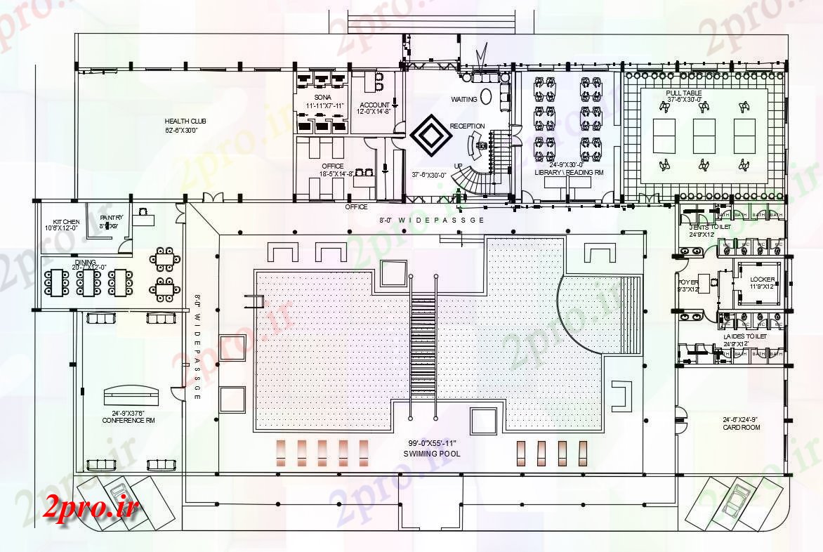دانلود نقشه ورزشگاه ، سالن ورزش ، باشگاه طرحی از باشگاه با مبلمان چیدمان 32 در 49 متر (کد155169)