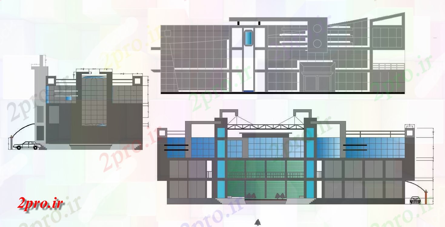 دانلود نقشه ساختمان اداری - تجاری - صنعتی سه طرف نما ساختمان تجاری با را ارائه 15 در 35 متر (کد155176)