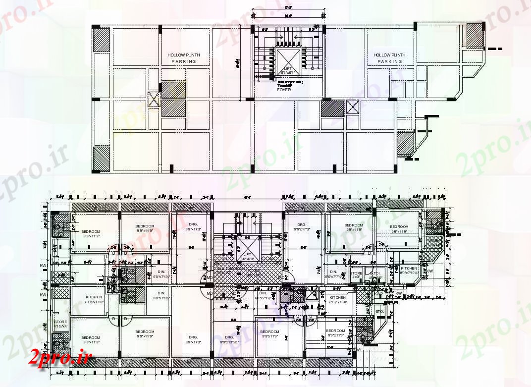 دانلود نقشه مسکونی  ، ویلایی ، آپارتمان    دو BHK آپارتمان   طراحی با کار   (کد155178)